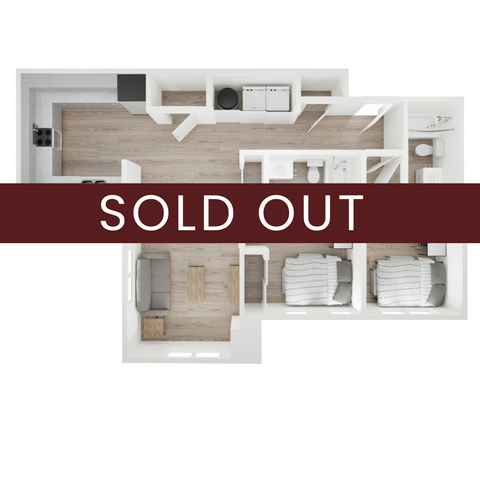 Chic 2D floor plan displaying 2 cozy bedrooms, modern kitchen, and inviting living area, fully sold out.