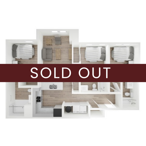 Spacious 3-bedroom apartment floor plan with modern open living area, cozy bedrooms, and sleek kitchen, marked as sold out.