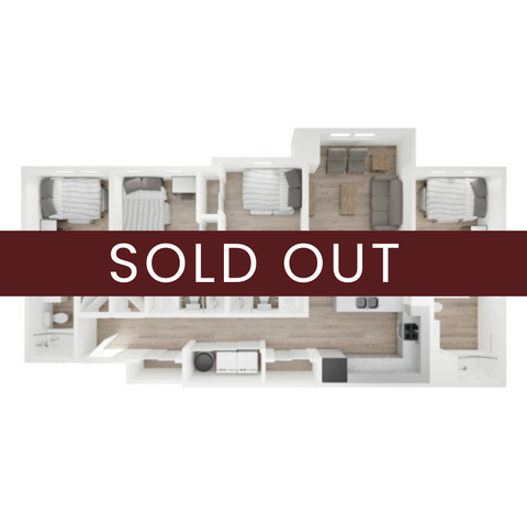 Modern 3-bedroom floor plan featuring a cozy living area, sleek kitchen, and contemporary design, now sold out.