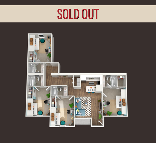 Elegant 3D floor plan of a spacious apartment featuring three bedrooms, a modern kitchen, and an inviting open-concept living area. The unit includes two bathrooms and is designed for comfort and style. Sold out availability indicates high demand for this desirable layout.