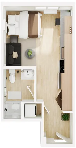 Sleek studio apartment floor plan featuring a cozy bedroom area, modern kitchen, compact bathroom, and efficient living space.