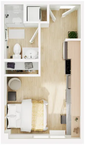 Charming studio apartment layout featuring a cozy bedroom area, modern kitchen, and stylish bathroom.