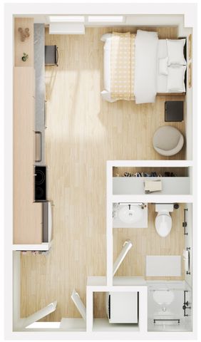 Chic studio apartment floor plan featuring a cozy bedroom, compact kitchen, and modern bathroom for efficient living.