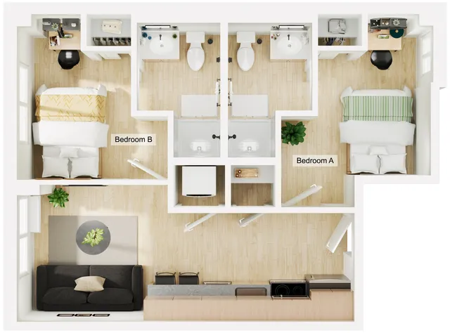 Charming 2-bedroom floor plan featuring Bedrooms A and B, each with private baths, alongside a cozy living area and modern kitchen. Ideal layout for comfortable living.