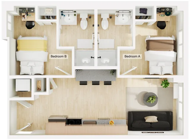 Contemporary 2D floor plan featuring two cozy bedrooms, a shared bathroom, and an open-concept living area with modern kitchen design. Ideal for comfort and style.