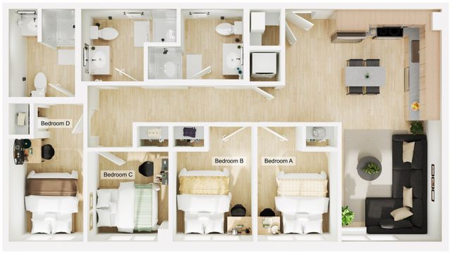 Bright and spacious 3D apartment floor plan showcasing 4 bedrooms, a modern kitchen with dining area, and a comfortable living room.