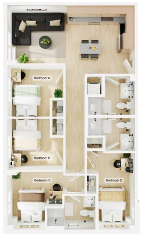 Modern 3D floor plan featuring four bedrooms, a stylish open kitchen, cozy living area, and two sleek bathrooms offering spacious and practical living.