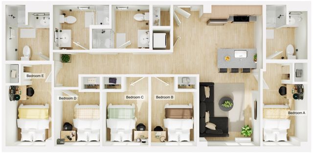 Contemporary 5-bedroom floor plan featuring an open-concept living area, sleek kitchen island, and modern bathrooms. Ideal for spacious living.