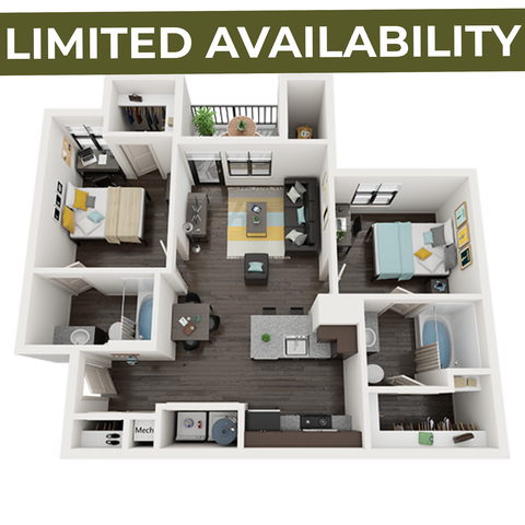Modern 3D floor plan showcasing 2 bedrooms, open living area, and sleek kitchen with limited availability.