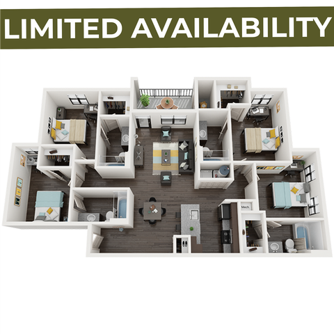 Modern apartment floor plan with 3 bedrooms, luxurious open-concept living area, sleek kitchen, and balcony. Limited availability.