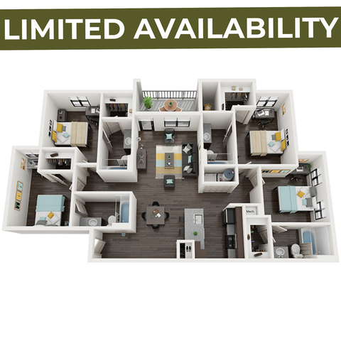 Modern and spacious 3-bedroom apartment floor plan with open-concept living area, sleek kitchen, and natural light. Limited availability.