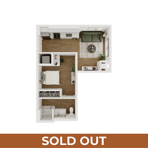 Chic L-shaped 3D floor plan with one bedroom, integrated kitchen and living area, and modern bathroom, showcasing contemporary living space.