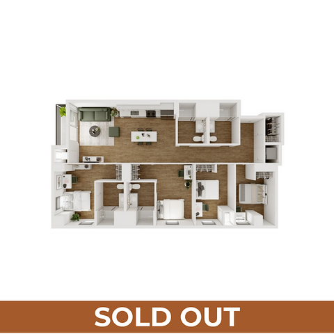 Modern apartment floor plan showcasing an open-concept living space, three bedrooms, stylish kitchen, and elegant bathrooms. Sold out.