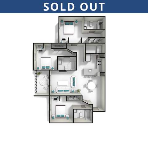 Chic 3D floor plan showcasing 3 bedrooms, open living room, modern kitchen, and elegant dining area, now sold out.