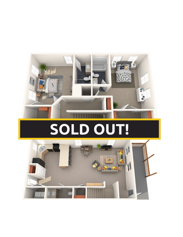 Modern 3D floor plan with 2 spacious bedrooms, inviting open-concept living and dining area, contemporary kitchen, and private balcony space. SOLD OUT!