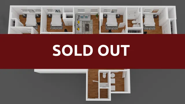 Contemporary 3D floor plan showcasing 4 bedrooms, a cozy living room, and modern bathroom layout, marked as Sold Out.