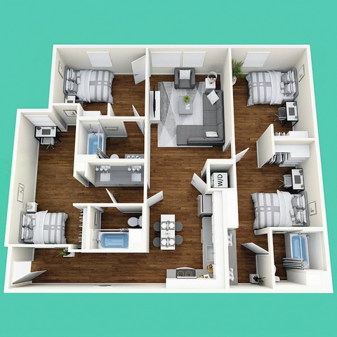 Modern 3D floor plan showcasing three bedrooms, a cozy living room, sleek kitchen, and two bathrooms, highlighted by stylish wood flooring.