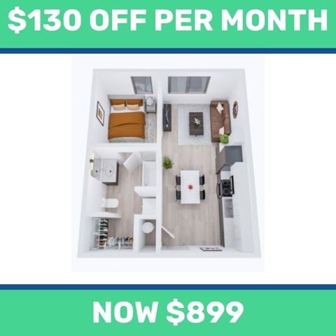 Modern 3D apartment layout showcasing a cozy bedroom, sleek bathroom, and open-plan living area with a stylish kitchen for only $899 per month.