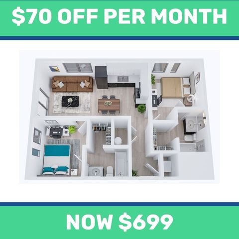 Inviting floor plan of a modern 2-bedroom apartment featuring an open living room, contemporary kitchen, and two bathrooms, now available for just $699 per month with a $70 discount.