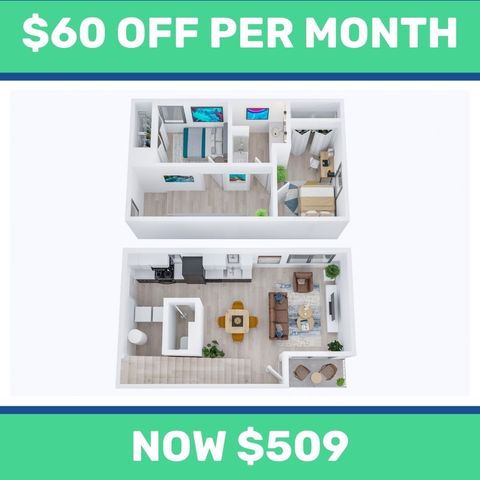 Modern two-story apartment floor plan with a spacious open-concept living area, stylish kitchen, two cozy bedrooms, and a home office. Featuring a special offer of $60 off per month, now priced at $509.