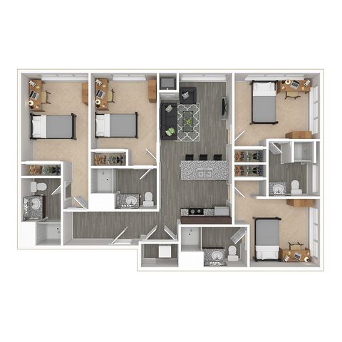 Elegant 2D apartment floor plan featuring 3 bedrooms, a modern open-concept living room, and a spacious kitchen.