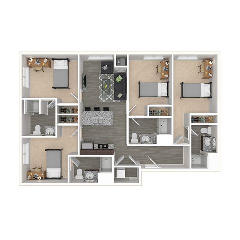Modern 3D floor plan featuring 4 elegant bedrooms, spacious living area, contemporary kitchen, and multiple bathrooms, ideal for family comfort.