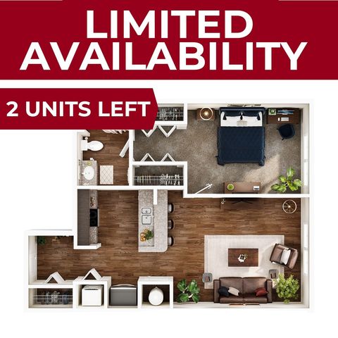 Contemporary 1-bedroom apartment floor plan with open kitchen and stylish living room layout. Limited availability with only 2 units left.