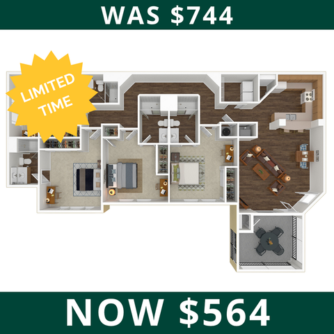 Stunning 3D apartment floor plan featuring 2 bedrooms, modern kitchen, and inviting living area at a limited time offer of $564.