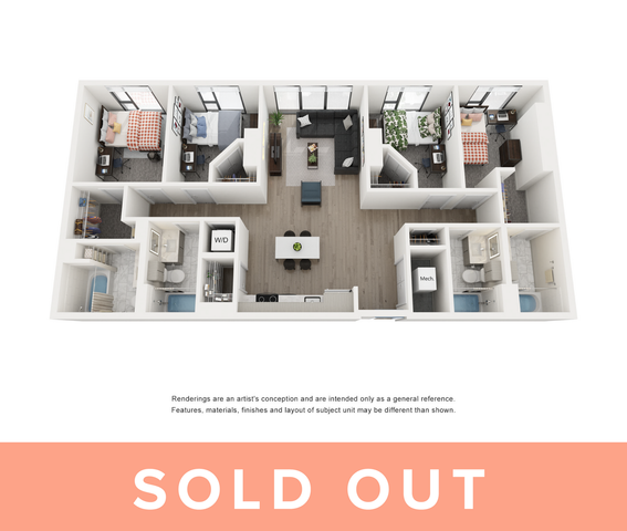 Contemporary 3D floor plan showcasing an open-concept living space, three cozy bedrooms, modern kitchen, and two bathrooms.