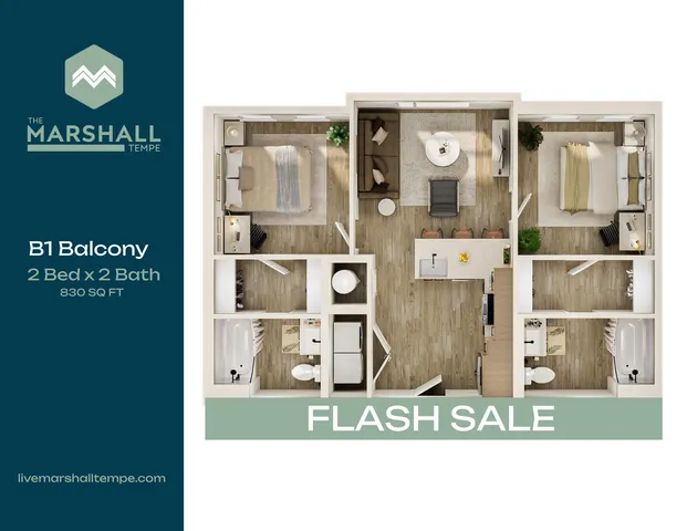 Modern B1 Balcony floor plan featuring 2 bedrooms and 2 bathrooms in 830 sq ft, showcasing an open-concept living area and kitchen. Perfect for a stylish and comfortable living environment.