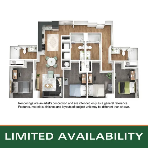 Modern floor plan featuring 3 spacious bedrooms, a stylish open-plan living area, and a sleek kitchen. Perfect for comfortable living with convenient space utilization. Limited availability!