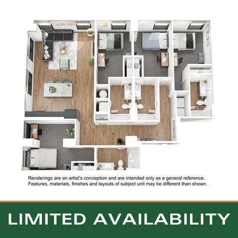 Modern 3-bedroom apartment floor plan featuring an open-concept living area, sleek kitchen, and two elegant bathrooms, highlighting limited availability.