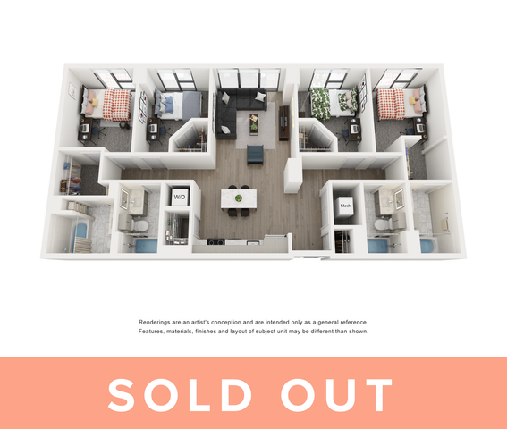 Contemporary apartment floor plan showcasing 3 bedrooms, modern open-concept living room, sleek kitchen, and stylish bathrooms.