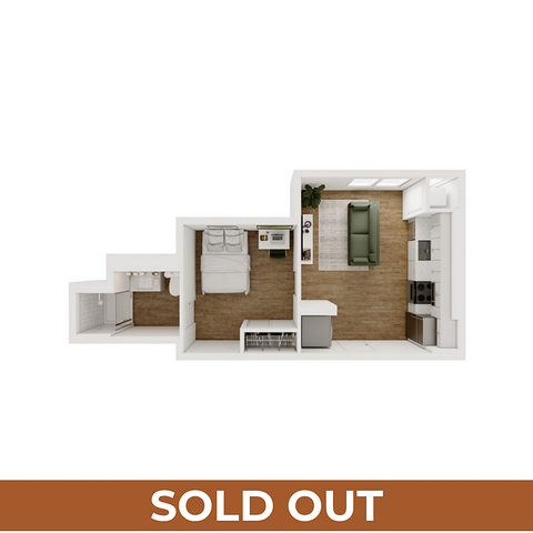 Charming 1-bedroom apartment floor plan featuring a cozy living area, modern kitchen, and elegant bathroom. Perfect blend of style and functionality.