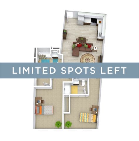 Modern 3D floor plan showcasing a stylish two-bedroom apartment with open kitchen, cozy living area, and two bathrooms. Limited spots available!