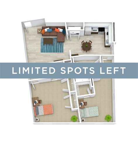 Modern 3D floor plan showcasing a 2-bedroom apartment with an open-plan living area, stylish kitchen, and cozy lounge. Limited spots available.