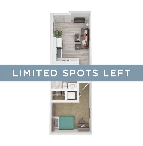Modern 1-bedroom apartment floor plan featuring a cozy living area, sleek kitchen, and spacious bathroom with \'Limited Spots Left\' highlighted.