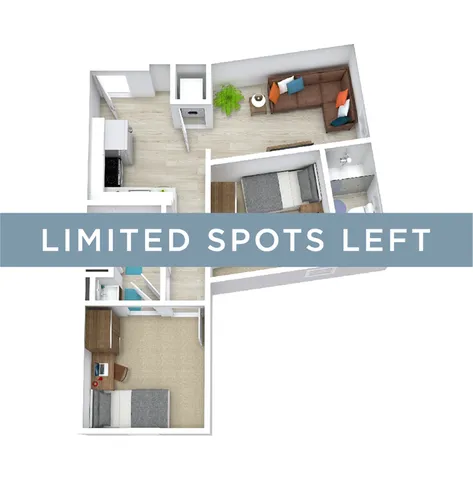 Modern 3D floor plan showcasing a sleek two-bedroom apartment with an open living space, cozy kitchen, and stylish accents, perfect for contemporary living.