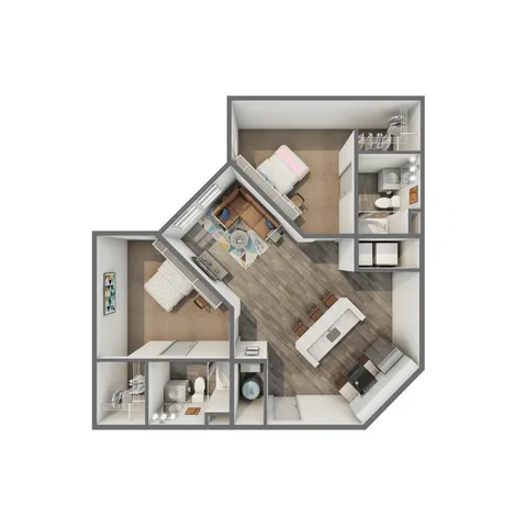 Modern 3D floor plan showcasing 2 cozy bedrooms, a stylish open-concept kitchen and living room, and a compact bathroom, perfect for contemporary living.
