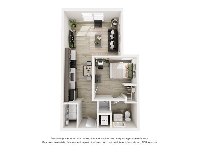 Modern 1-bedroom apartment floor plan featuring a cozy living area, functional kitchen, and stylish bathroom.
