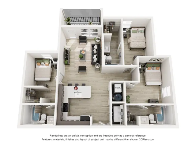 Modern 3D floor plan showcasing 3 bedrooms, a luxurious open living space, and sleek kitchen design with island seating, featuring two contemporary bathrooms and a cozy balcony area.