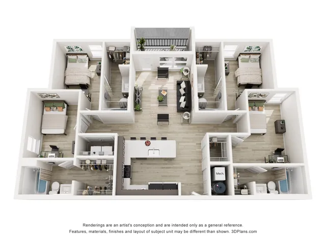 Modern 3D floor plan showcasing three cozy bedrooms, a stylish open-concept kitchen with island seating, a welcoming living area, and two sleek bathrooms.