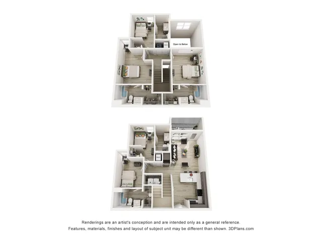 Modern 2-story floor plan showcasing 3 bedrooms, 2 bathrooms, an open-concept living area, and a stylish kitchen with island, perfect for family living.