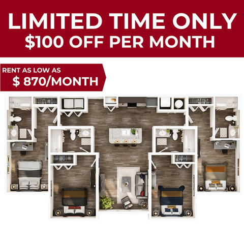 Elegant 4-bedroom apartment floor plan with modern open-concept living, gourmet kitchen, and stylish bathrooms. Limited time offer: rent starting at $870/month with $100 off per month.