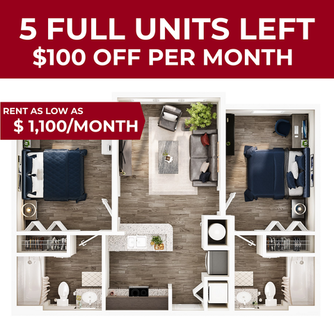Modern two-bedroom apartment floor plan with spacious living room, sleek kitchen, and two stylish bathrooms, offering comfort and elegance. Limited units available with rent starting at $1,100 per month.