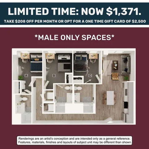 Modern floor plan featuring 3 well-appointed bedrooms, cozy living area, and sleek kitchen design. Limited time offer with significant savings.