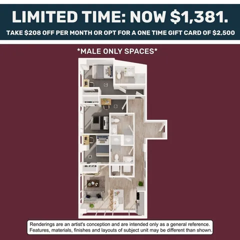 Modern floor plan showcasing 2 bedrooms, stylish kitchen, and cozy living area with exclusive male-only spaces. Limited time offer pricing available.