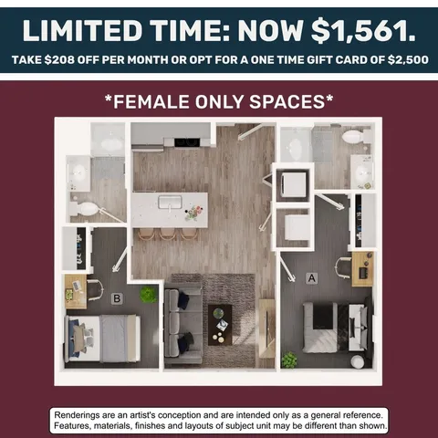 Chic floor plan for female-only spaces featuring 2 cozy bedrooms, a stylish open-concept living area, and a modern kitchen with bar seating. Limited-time offer available.
