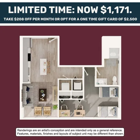 Modern apartment floor plan featuring 2 bedrooms, open-concept living room, and sleek kitchen layout, offering a special limited-time price of $1,171.