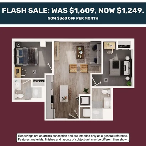 Modern apartment floor plan offering 2 cozy bedrooms, a chic open living area, and a stylish kitchen. Enjoy discounted pricing at just $1,249 per month.